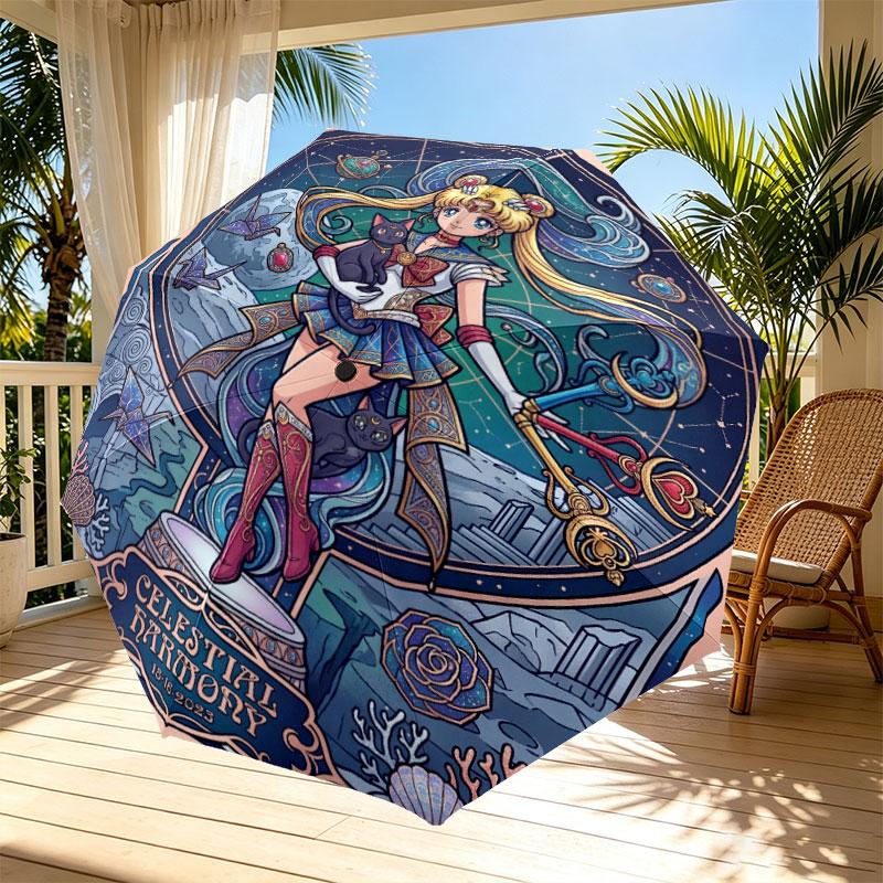 Sailor Moon Print Automatic Open Close Umbrella, Portable Foldable Umbrella, for Outdoor Commute Camping Trip, Ideal Birthday Gift