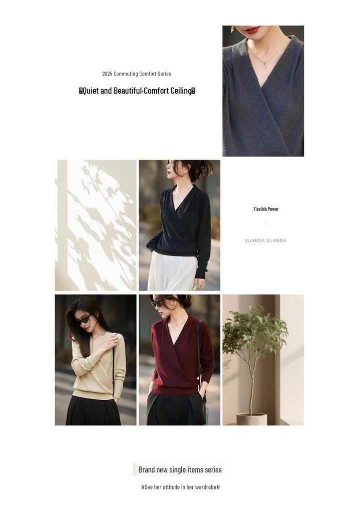 Elegant Women's Cross V-neck Wool Knit Sweater - Long-Sleeved 2026 Autumn/Winter Base Layer Fashion
