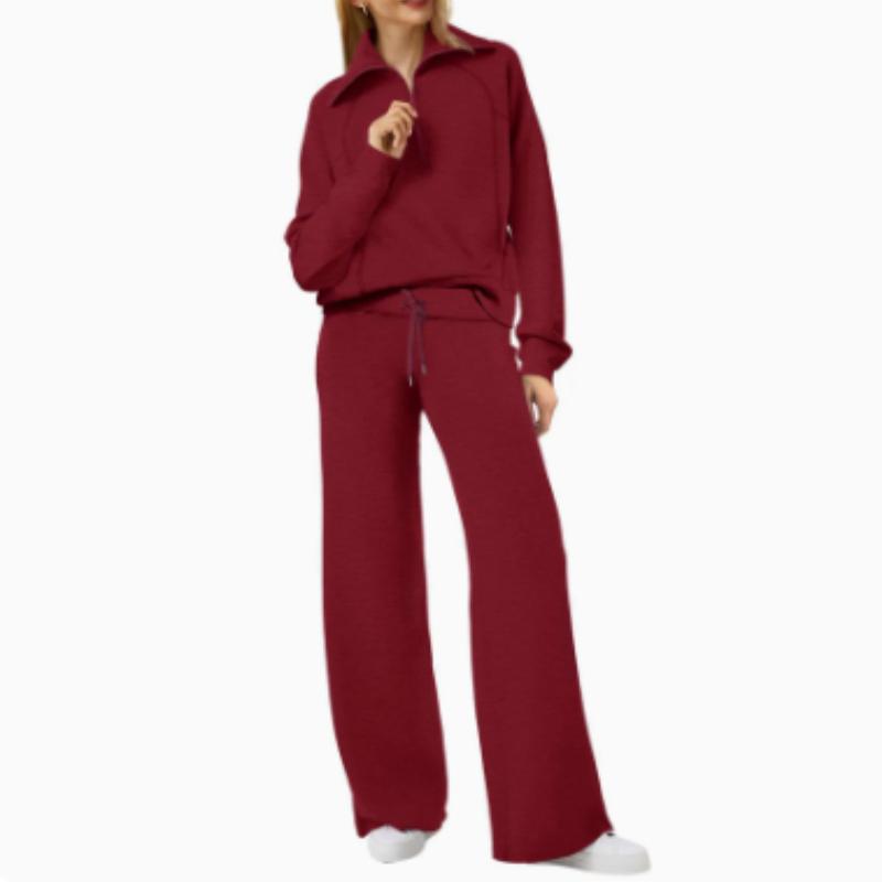 Lässiges Swear Set für Damen für Frühling/Herbst, Reißverschluss Langarm-Sweatshirt und Weitbeinige Hose 2-teiliges Set