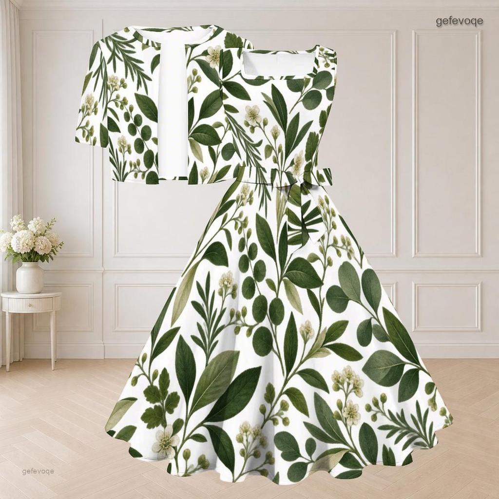 Women Plus Size White Floral Printed Two Piece Set Square Neck Sleeveless Tie Waist Flared Dress Short Sleeve Cropped Shrug