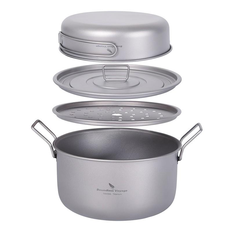 Titanium Camping Cookware Set Portable Outdoor Pot With Steamer Grid Fry Pan Soup Lightweight Hiking Backpacking