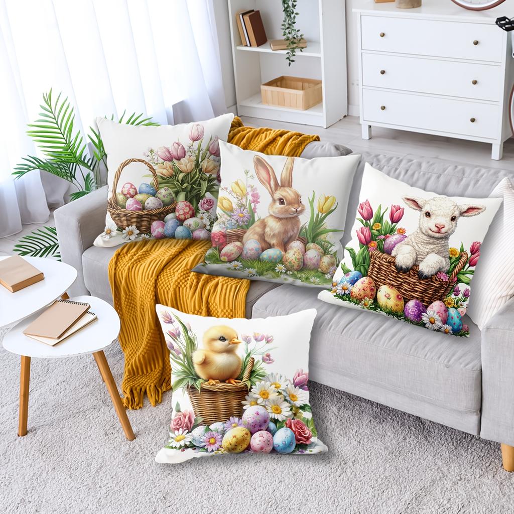 4pcs Easter Flower Pillow Cover Set, Holiday Decoration Sofa Cushion Cover, Sofa Home Decoration, Room Decoration, Office Decoration