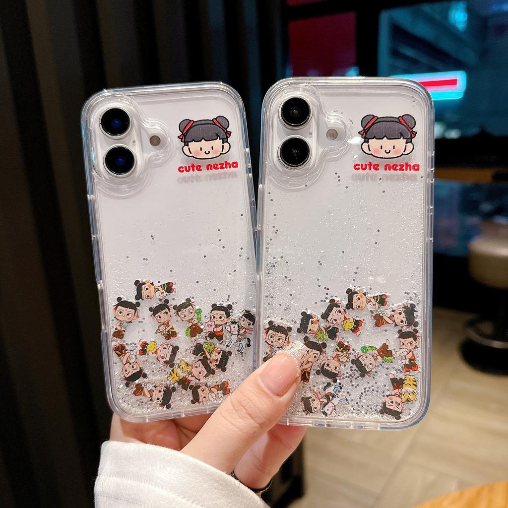 Applicable iPhone16Pro Quicksand Nezha Mobile Phone Case Internet Celebrity Cartoon Apple 15 Transparent Anti-drop 14 Protective Case