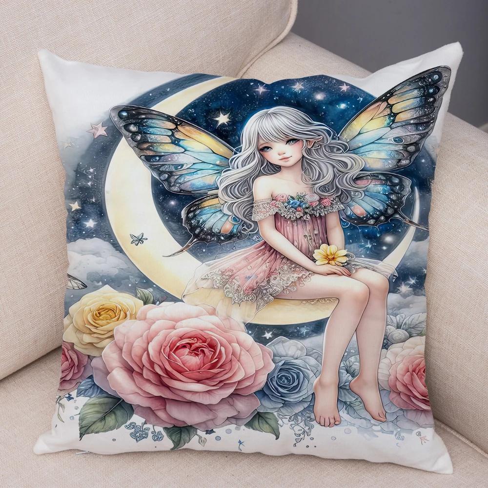 Niedlicher Cartoon Waldmädchen Elfen Kissenbezug Doppelseitig bedruckter Kissenbezug Deko für Sofa Zuhause Superweicher Plüsch Kissenbezug 40x40cm