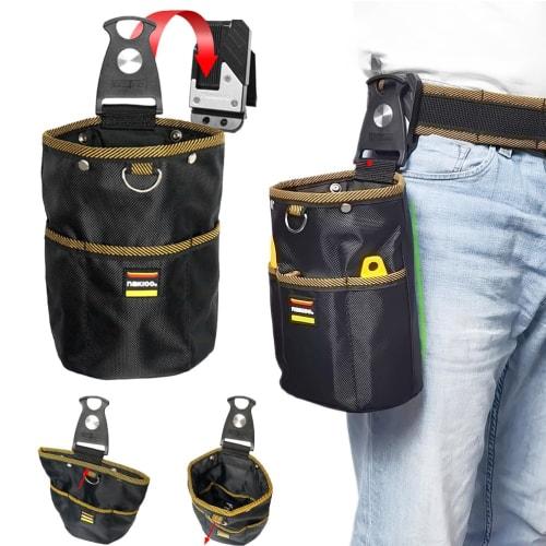 Multi-functional tool bag with quick release, spring-loaded closure, and high-density waterproof Oxford fabric. Includes a screw holder, small items,
