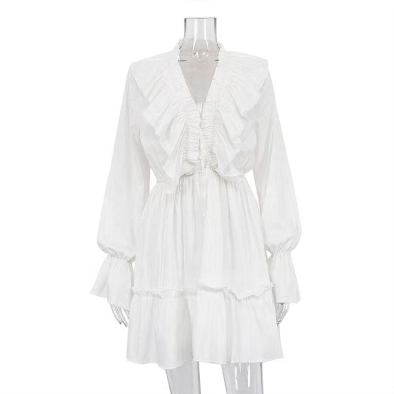 

Fashion Fashion V Neck Pleating Bell Sleeve Ruffles Dress V-Neck Flared Sleeve Dress White S