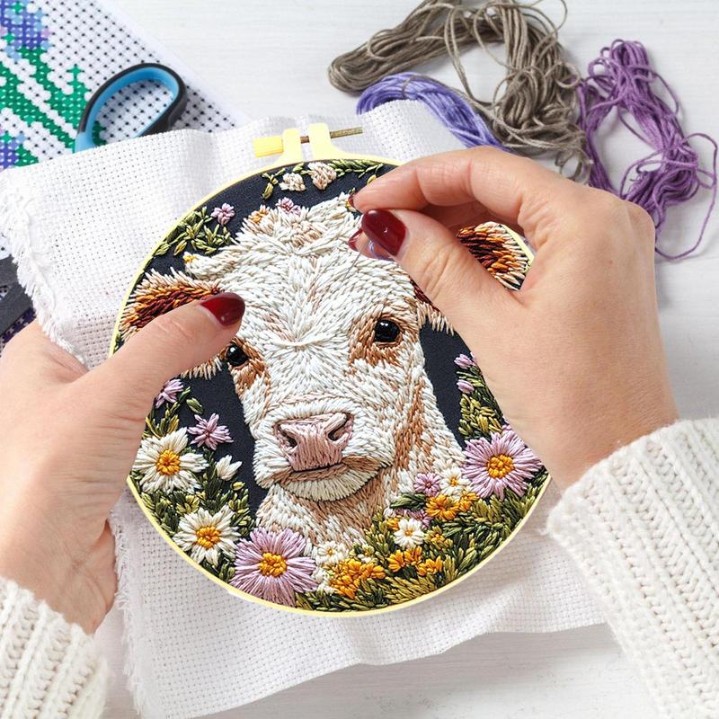 Embroidery Kit For Beginners Cute Cow Daisy Flower Stitches Kits For Beginners Includes Embroidery Hoop Cloth Needles