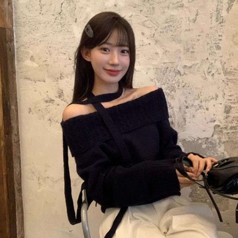 Fashion Elegant Off Shoulder Knitted Pullover Women Sweater Korean Style One-word Shoulder Casual Simple Tops Autumn Winter Loose Outer Top Clothing