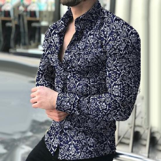 Jaro Podzim Pánská Móda Květinový Potisk Slim Fit Košile s Dlouhým Rukávem Top