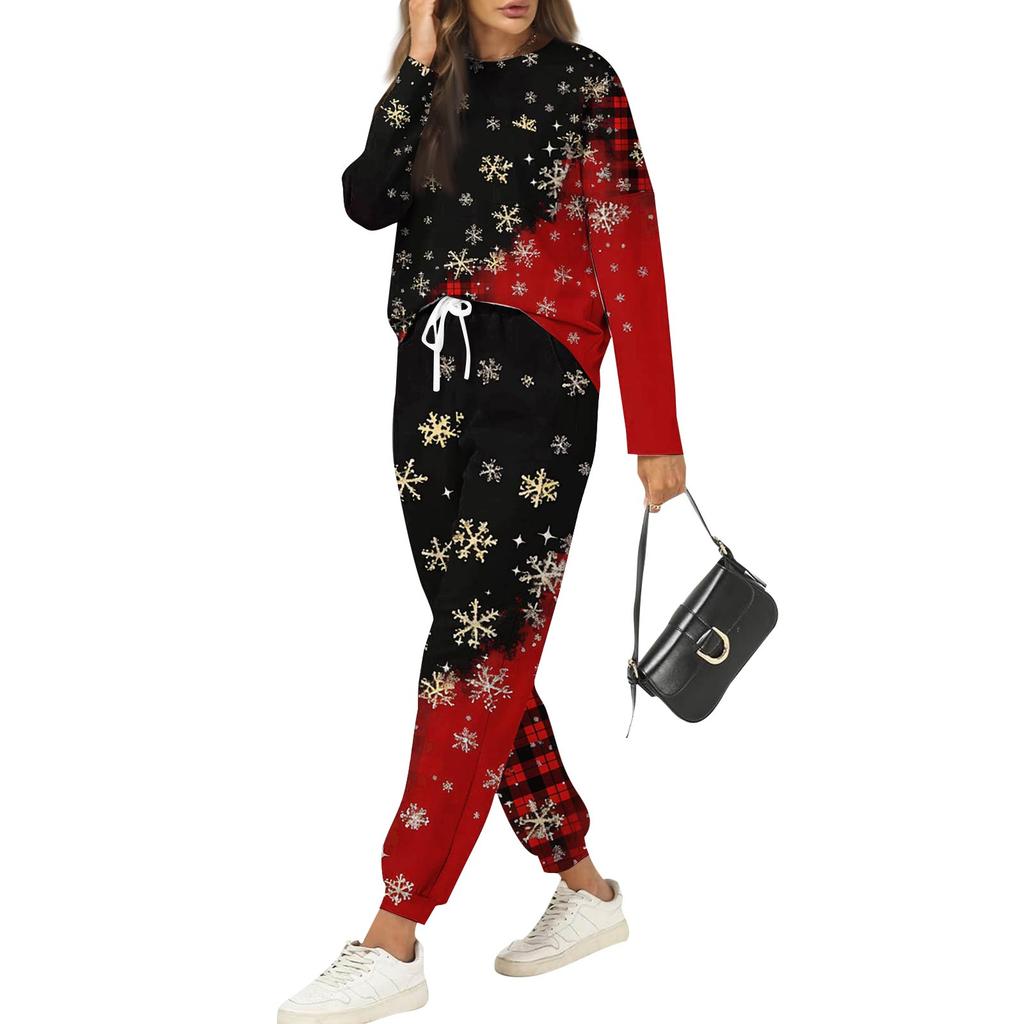 Sets für Damen 2-teilig Rundhals Langarmshirts Bedruckte Jogginghosen Taschensets