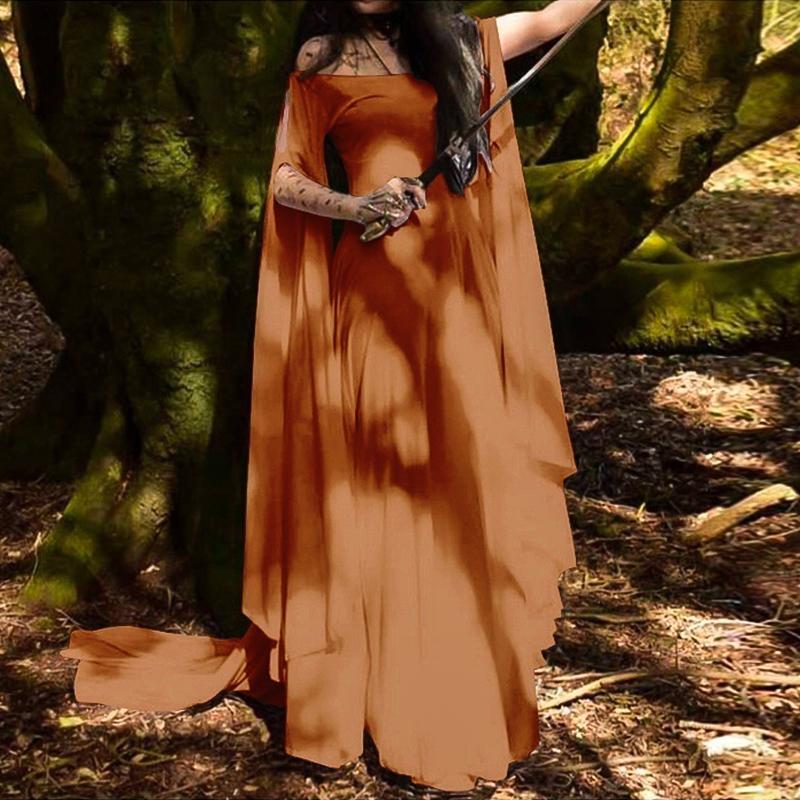 Abito lungo medievale monospalla svolazzante, maniche a mantello in chiffon da elfa donna, Halloween, ballo, abbigliamento retrò