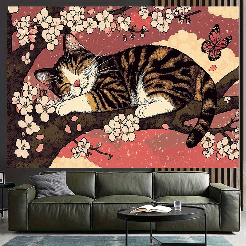 Sleeping Cat Japanese Tapestry, Polyester Wall Art With Butterflies, Perfect Gift For Cat Lovers Bedroom Living Room Office