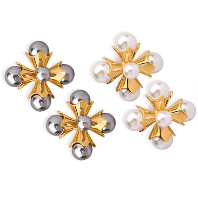 Kreuz Imitation Perlen Ohrstecker Damen Französisch Leichter Luxus Hofstil Retro Titanstahl Beschichtet 18K Echtsilber Ohrringe Ohrschmuck