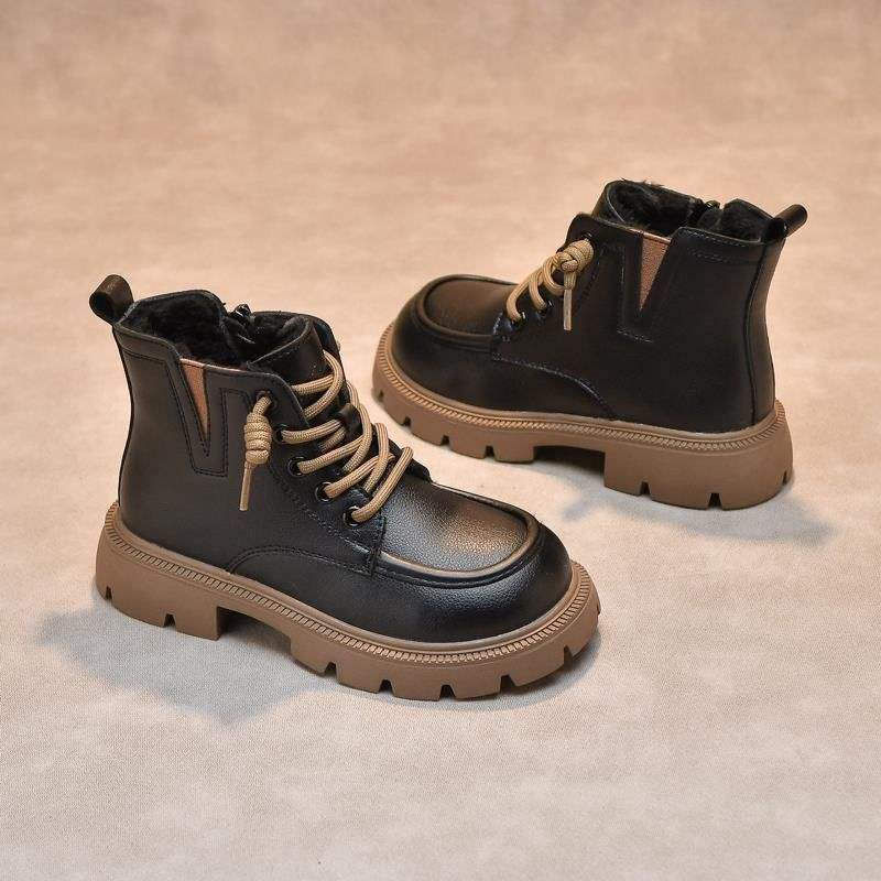 Girls Martin Girls Fleece Boots Autumn and Winter New Foreign Style Girls Single Boots Soft Sole Fleece Short Boots Boys Leather Boots