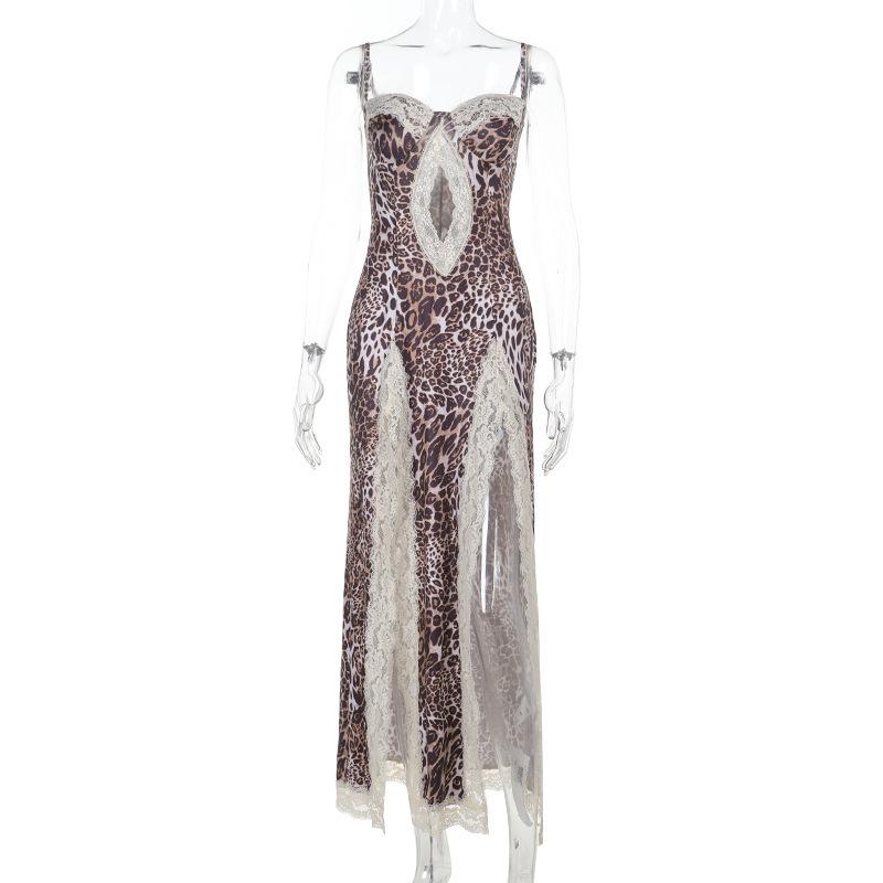 European and American style summer new leopard print lace split suspender dress XS