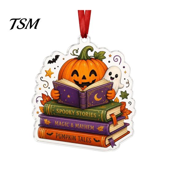 Halloween Bookshelf Ornaments Reading Ghost Hanging Ornament, Acrylic Holding Book Pumpkin Mummy Ornament Black Cat Decor, 2D Cartoon Bookish Pendant