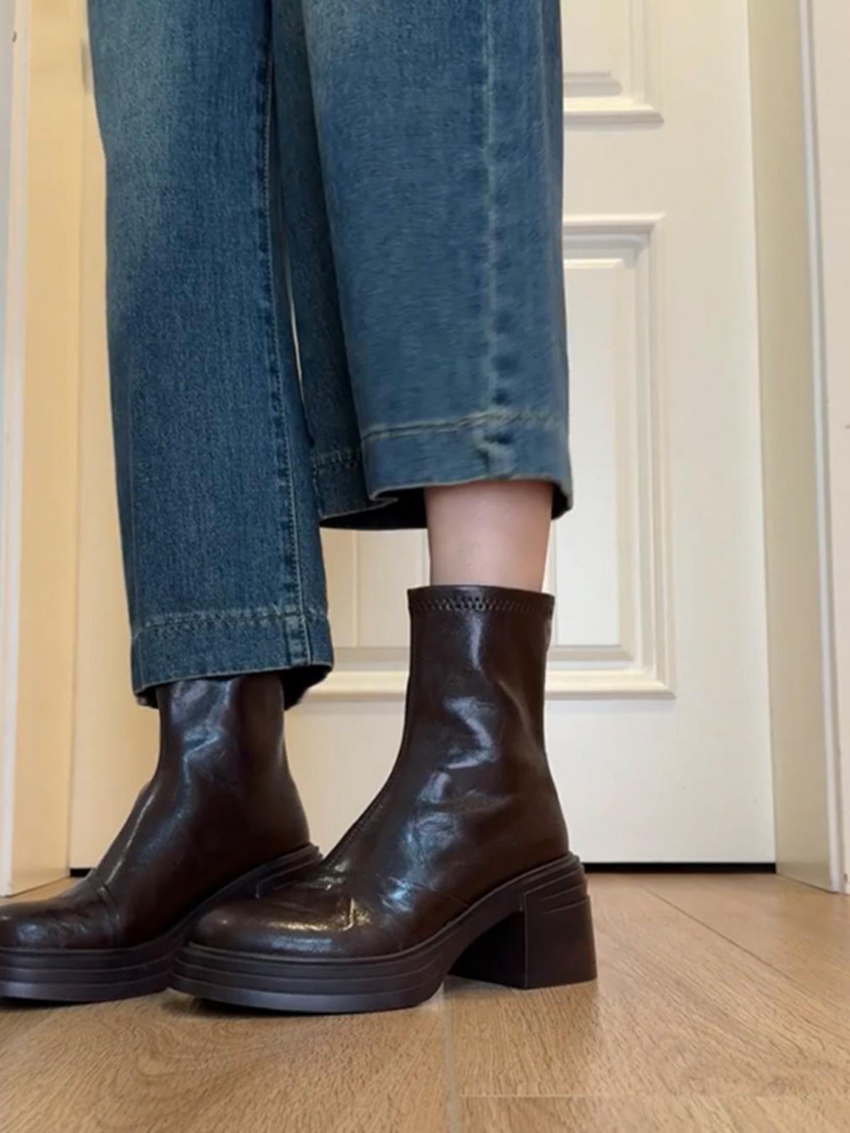 

Sheepskin version~ Leather thick-soled heightening small high-heeled short boots women s round head velvet autumn and winter thin boots Martin boots 40