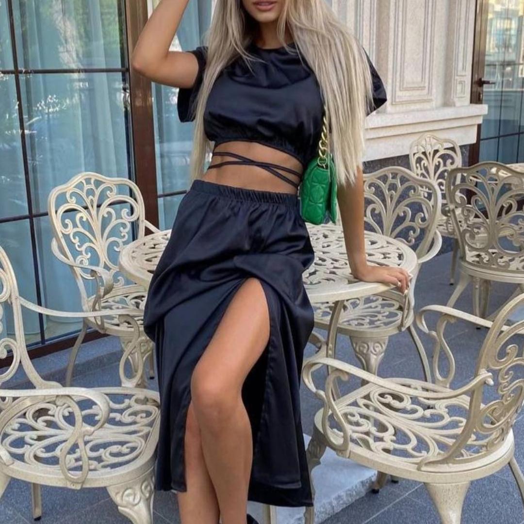 

BITCED Комплект из двух частей: топ с короткими рукавами, юбка с разрезом, однотонный пригородный комплект XL чёрный