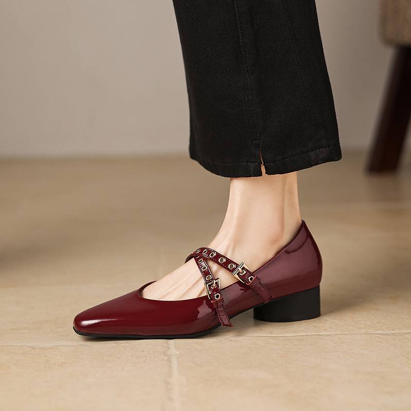 Krazing Pot Genuine Leather Square Toe Low Heels Summer Shoes Big Size 42 Buckle Straps Women Shallow Pumps
