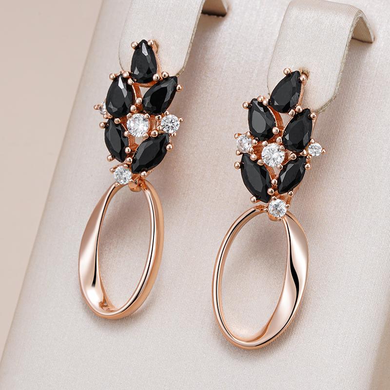 Fashion  Rose Gold Color Glossy Hollow Geometric Drop Earring For Women Shiny Black Natural Zircon Daily Fine Jewelry