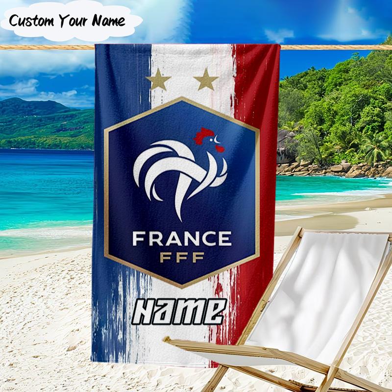 1PC Custom Name Beach Towel France Football Crest Beach Towel, Suitable for Camping, Travel, Beach Accessories, Super Absorbent, Family Gift