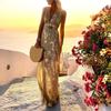 Deep V Neck Sleeveless Waist Tight Flowy Hem Sexy Dress Women Bronzing