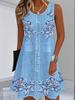 Standard dress for summer, milk thread fabric, digital print slip dress with faux denim, sleeveless straight-leg loose fit
