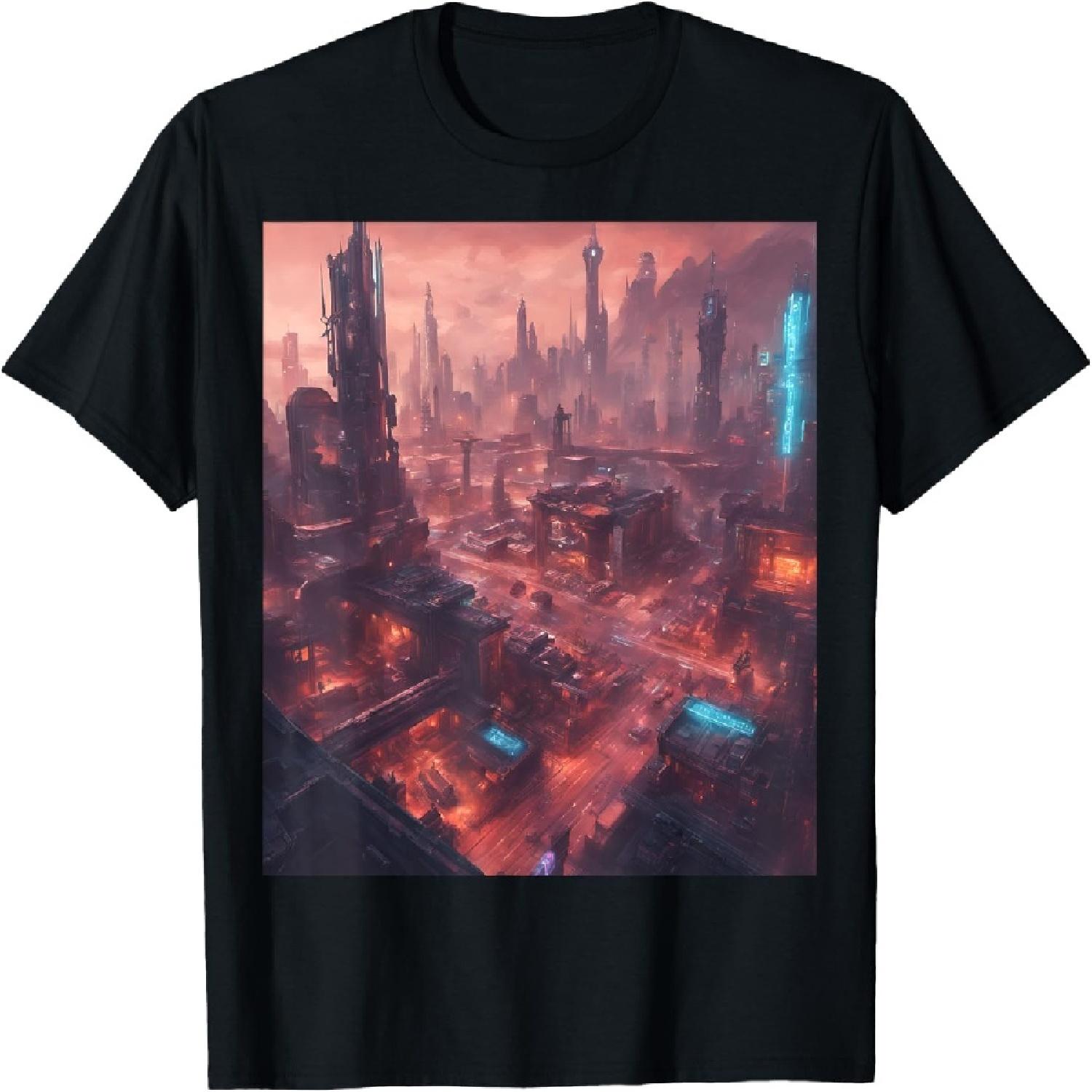 Футболка с элементами киберпанка и футуристическим игровым пейзажем S