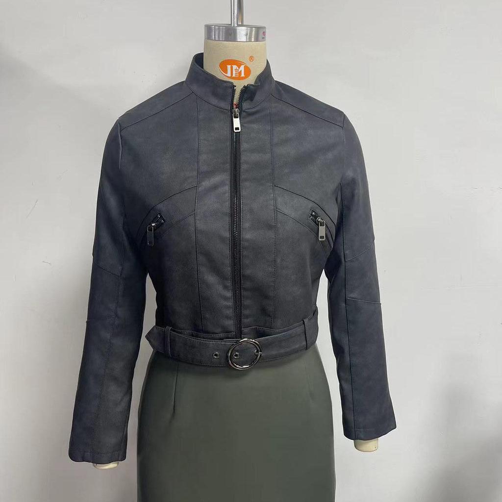 Giacca in pelle PU con cerniera aderente a maniche lunghe con colletto a revers da donna autunno inverno