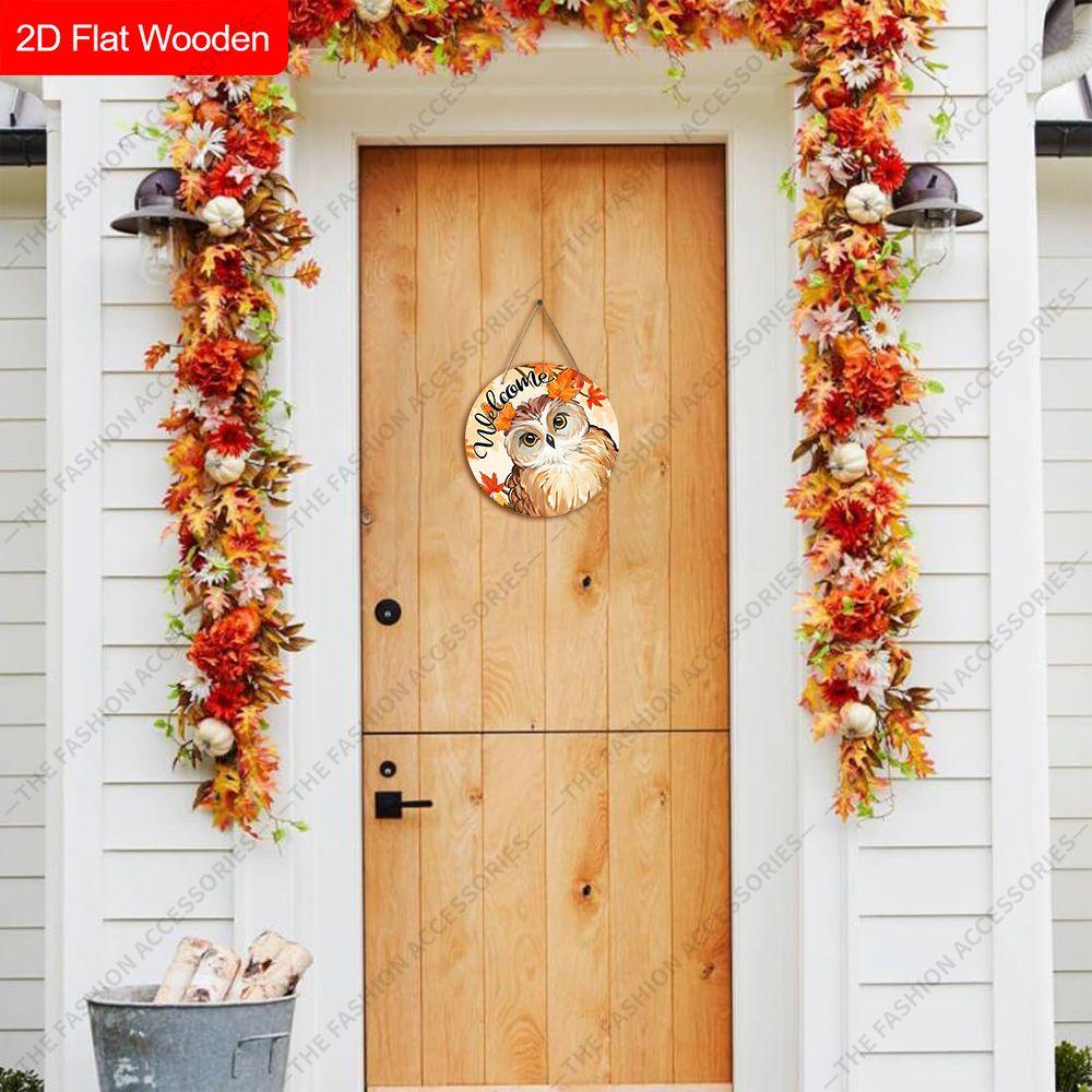Welcome Autumn Owl Maple Leaf Round Wooden Hanging Sign, 2D Flat Printed Fall Front Door Decor, Harvest Season Wall Ornament Gift