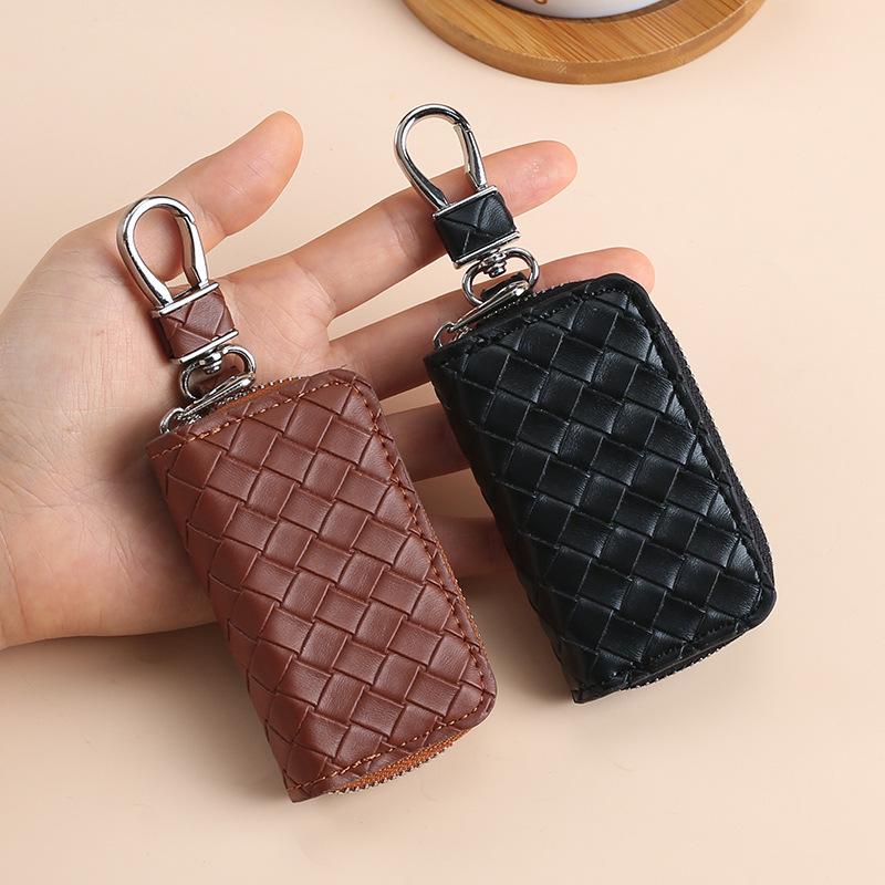 Woven Pattern Car Key Case for Men Large Capacity Zipper Key Organizer Pouch for Women Keychain Car Key Holder Car Accessories
