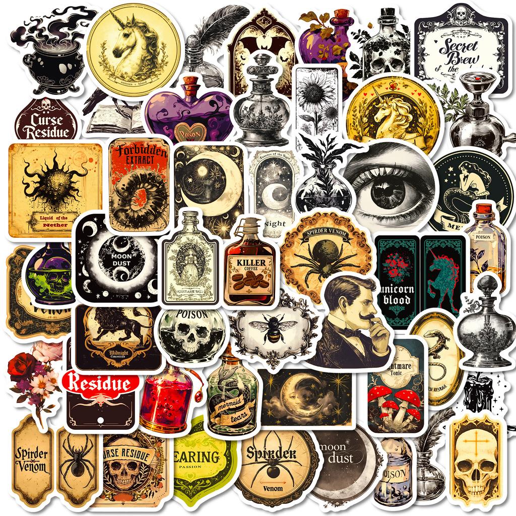 50PCS European Retro Gothic Apothecary Stickers, Creative Graffiti Decals for Laptop, Skateboard & Decoration