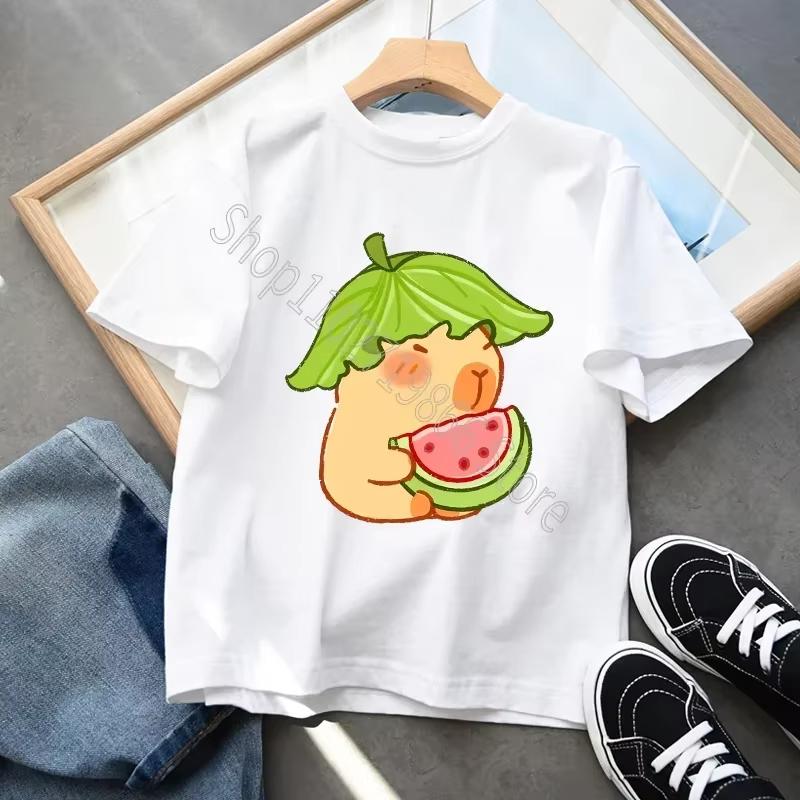 Capybara Cartoon Character Print Tops Cool Comfortable Shirts Birthday Party Gifts Boys Girls Cotton T-shirt Cute Short Sleeves