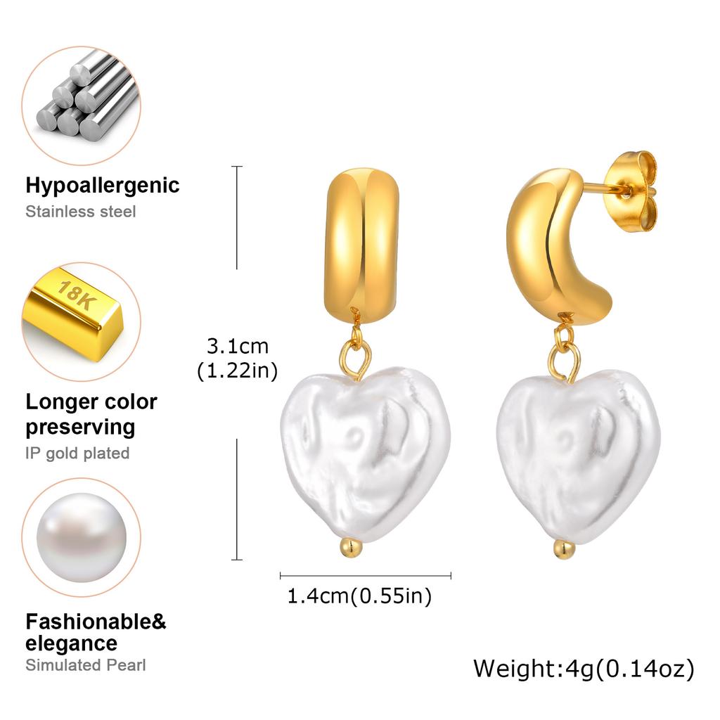 Elegant Heart Shape Imitation Pearl Water Drop Earrings,Stainless Steel Gold Plated Stud Earrings for Women,Charm Jewelry Gift
