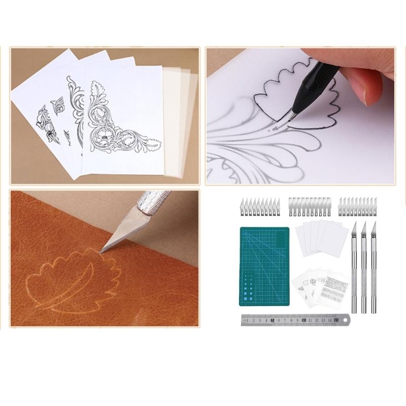 3 Leather Carving Tool 30 Replaceable Head 10 Carving Tracing Pattern Paper, Rotating Cutting Mat, Leather Working Tool
