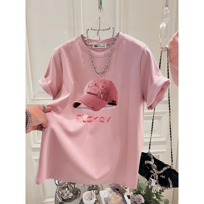 

Корейская версия чистого хлопка с короткими рукавами, новая летняя розовая шляпа с принтом, модная большая свободная белая футболка для женщин XXXL