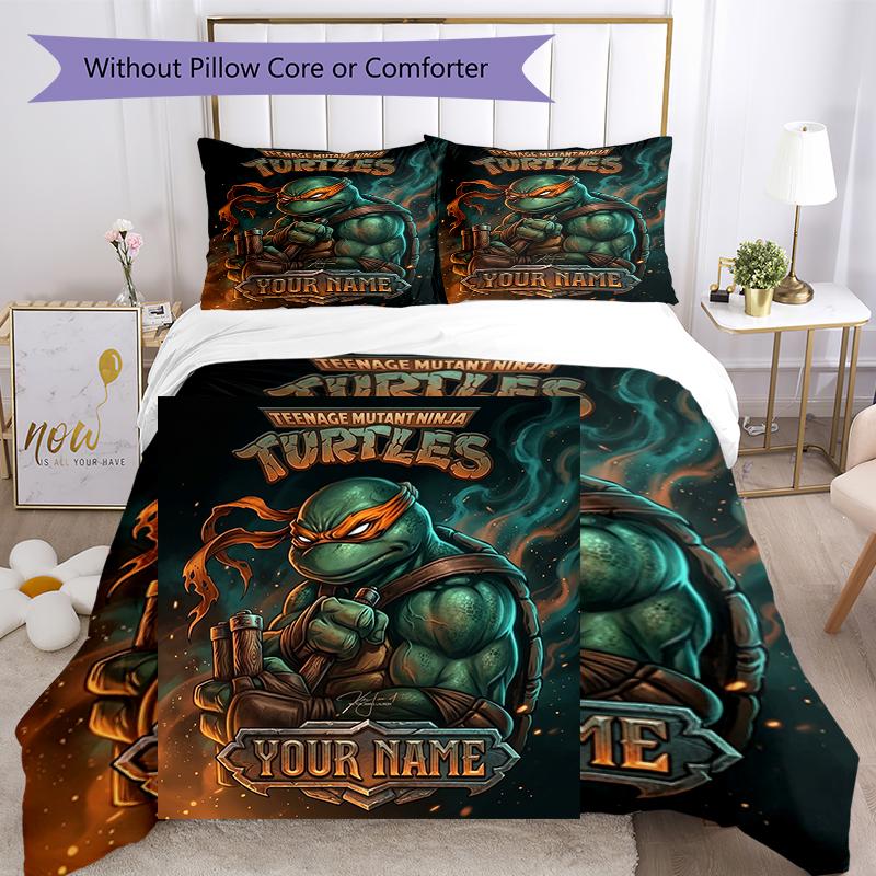 3pcs Custom Name Ninja Turtles Printed Bedding Set Duvet Cover Closure Includes 1 Duvet Cover & 2 Pillowcases, Soft and Comfortable for All Seasons.