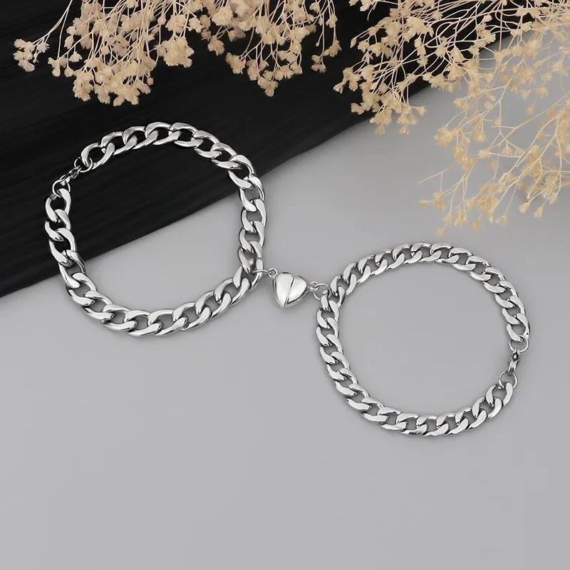 

2pcs Magnetic Couple Bracelet Vintage Rock Metal Chain Bracelet Heart Women Man Hand Jewelry
