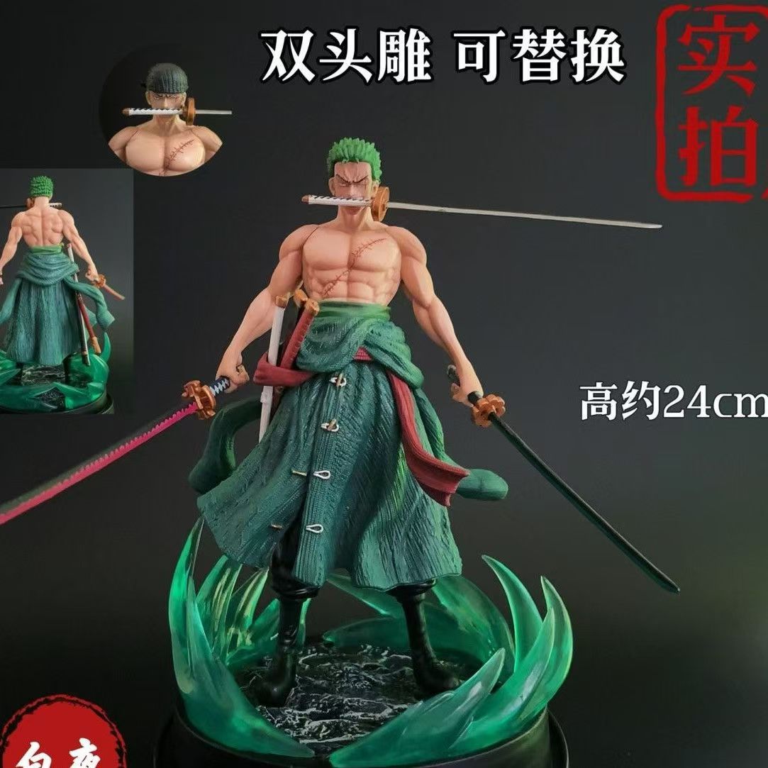 One Piece Ророноа Зоро Стиль Трех Мечей Двухголовая Скульптура GK Статуя 24 см Аниме Фигурка Коллекционная Модель no box