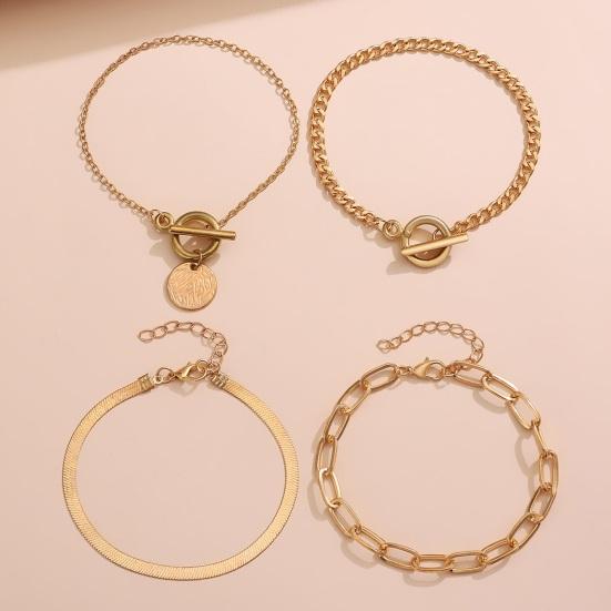 4 Pcs/Set Women Bracelet Hip Hop Style Snake Bone Chain Hollow Chain Round Pendant Adjustable Golden Color Polished 4 Pieces Set Wrist Jewelry Set