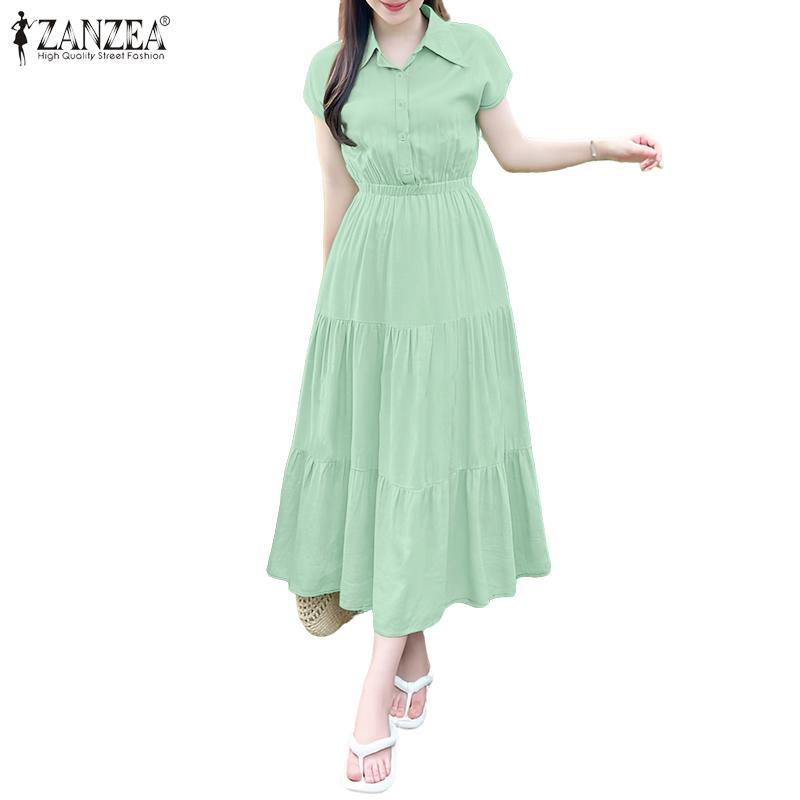

Жіноча повсякденна вільна сукня з відкладним коміром ZANZEA з коротким рукавом S зелений
