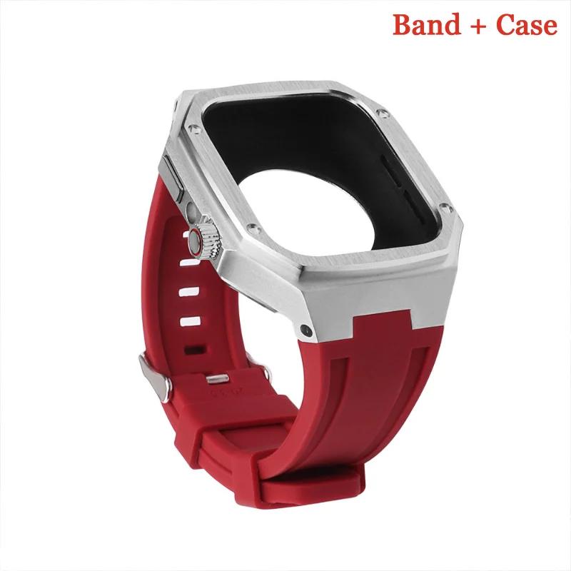 Luxury Modification Kit For Apple Watch 8 7 44mm 45mm 40mm 41mm Stainless Steel Case Rubber Sports Strap For IWatch Series 6 5 4