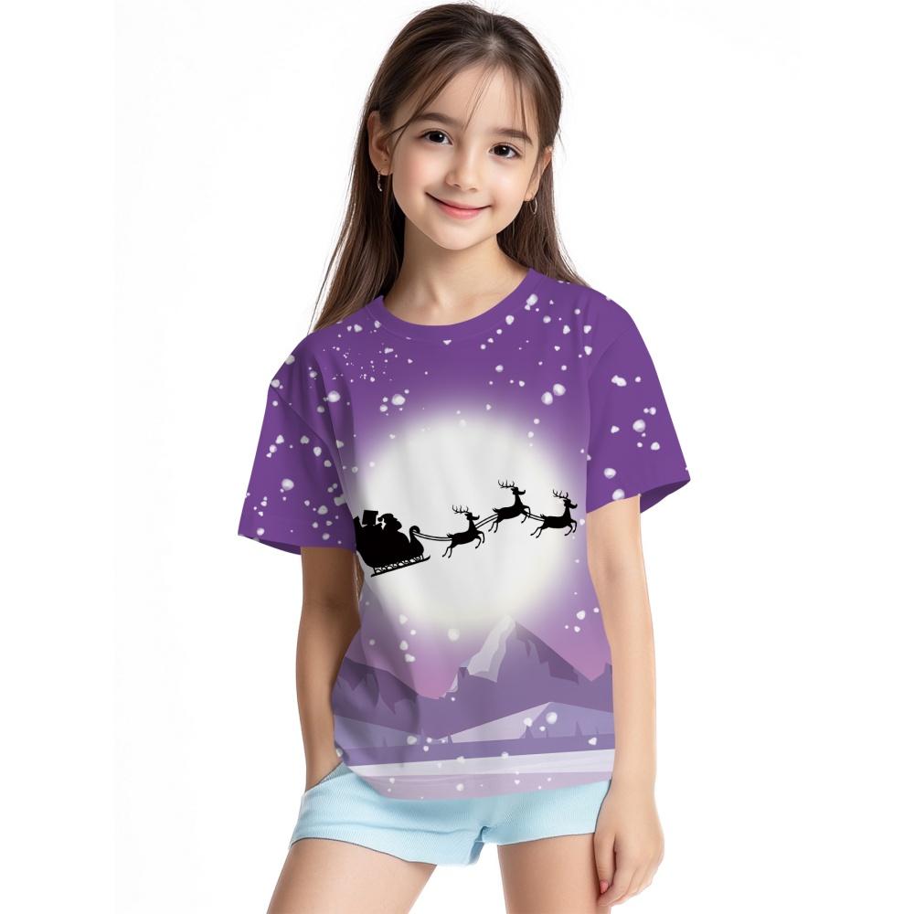 2025 T-Shirt für Mädchen 3D-Druck Weihnachten mit Weihnachtsmann Kurzarm Rundhals Lässige Weihnachtskleidung für Mädchen Top