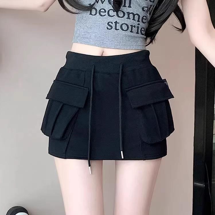 

2025 Summer Korean Gray A-line Skirt with Pockets - Elastic Waist Sports Casual S (86-96 jin) чорний