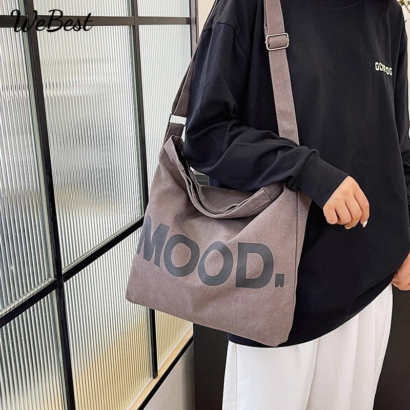 Canvas Bag Women Shoulder Crossbody Bag Letter Print Cloth Bag College Student Class Tutoring Artistic Minimalist Large Capacity