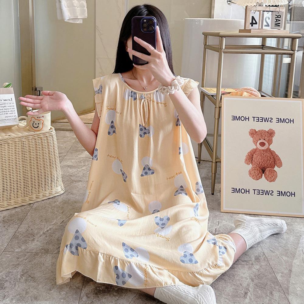 Cotton and Silk Nightgown Women's Spring, Summer and Autumn Casual Short-sleeved Large-size Printed Pajamas Summer Thin High-end Sensitive Cotton Whol