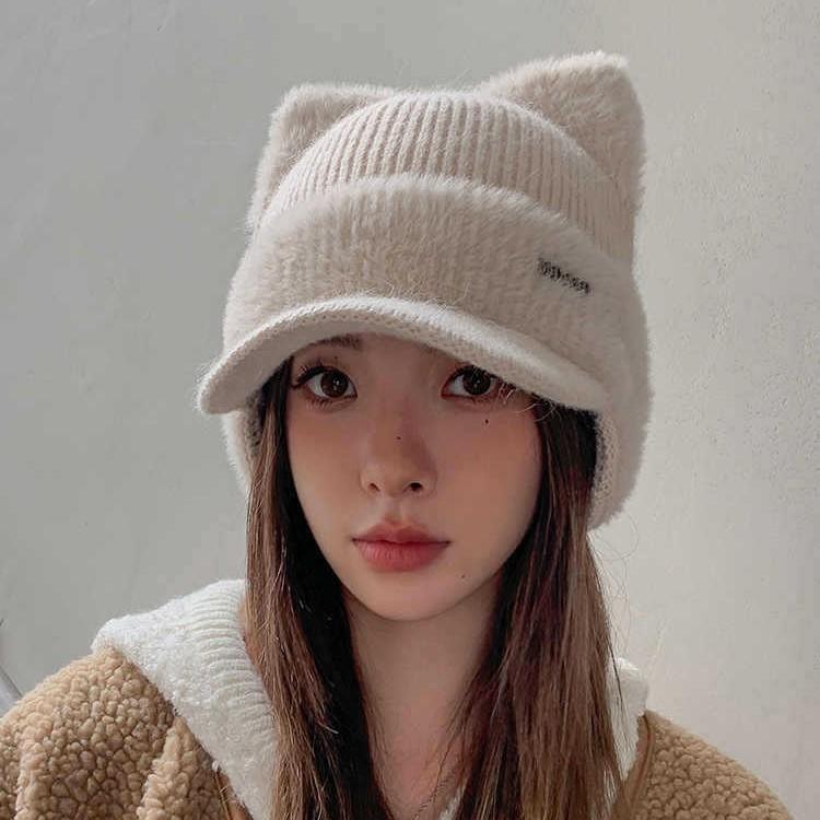 Versatile Hat for Women with Big Head Circumference To Show The Face Kitten Ear Wool Hat Plus Velvet Ear Protection Warm Knit Hat