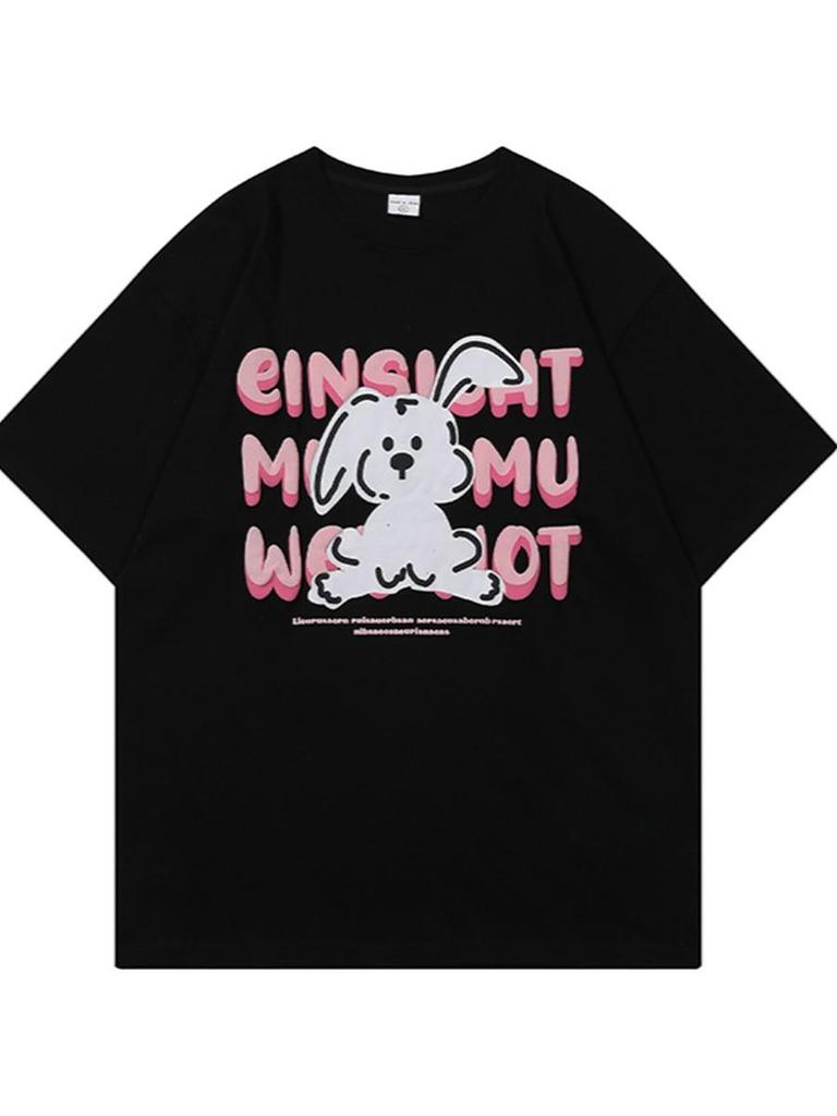 Black and Pink Rabbit Print Short-Sleeve T-Shirt, Unisex, Plus Size, 100% Cotton, Loose Fit for Couples.