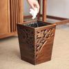 Solid Wood Trash Can with Lid, Creative Retro Waste Bin, Multi-Purpose Carved Storage Barrel, Wooden Dustbin for Living Room