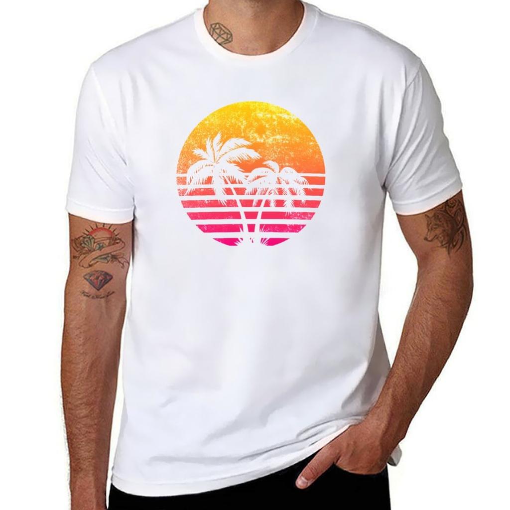 Retrowave Sunset With Palm Trees TShirt Soft Lightweight Cotton TShirt